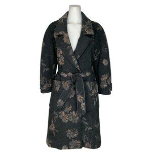 Rebecca Taylor Jacquard Coat 0 Grey Combo Floral Wool Blend Belted Quiet Luxury